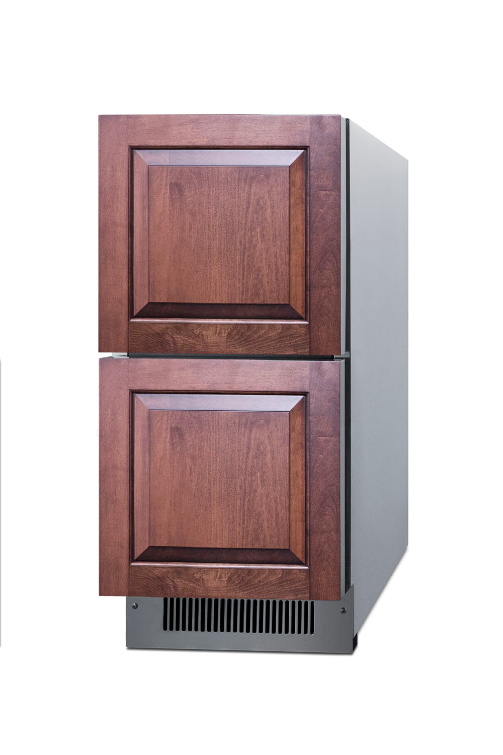 Two-drawer all-refrigerator with dark wood panel fronts designed for kitchen integration and home improvement projects