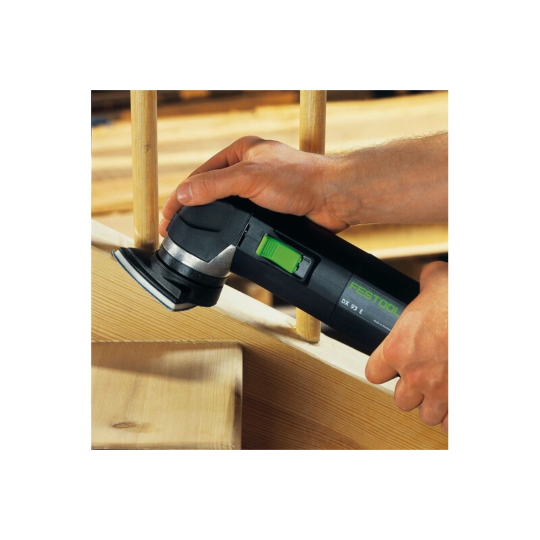 Power tool in use sanding wood with a compact Festool detail sander and Delta StickFix pad for woodworking projects.