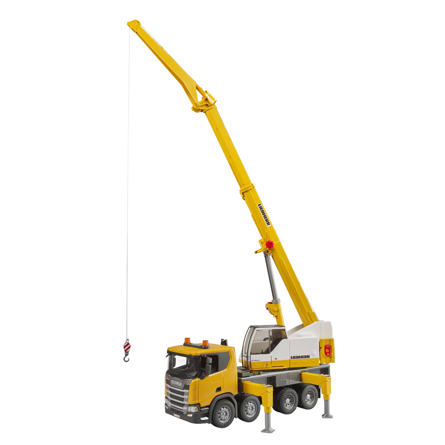 Yellow and white heavy-duty toy crane truck with extendable boom and stabilizers from Bruder Toys collection