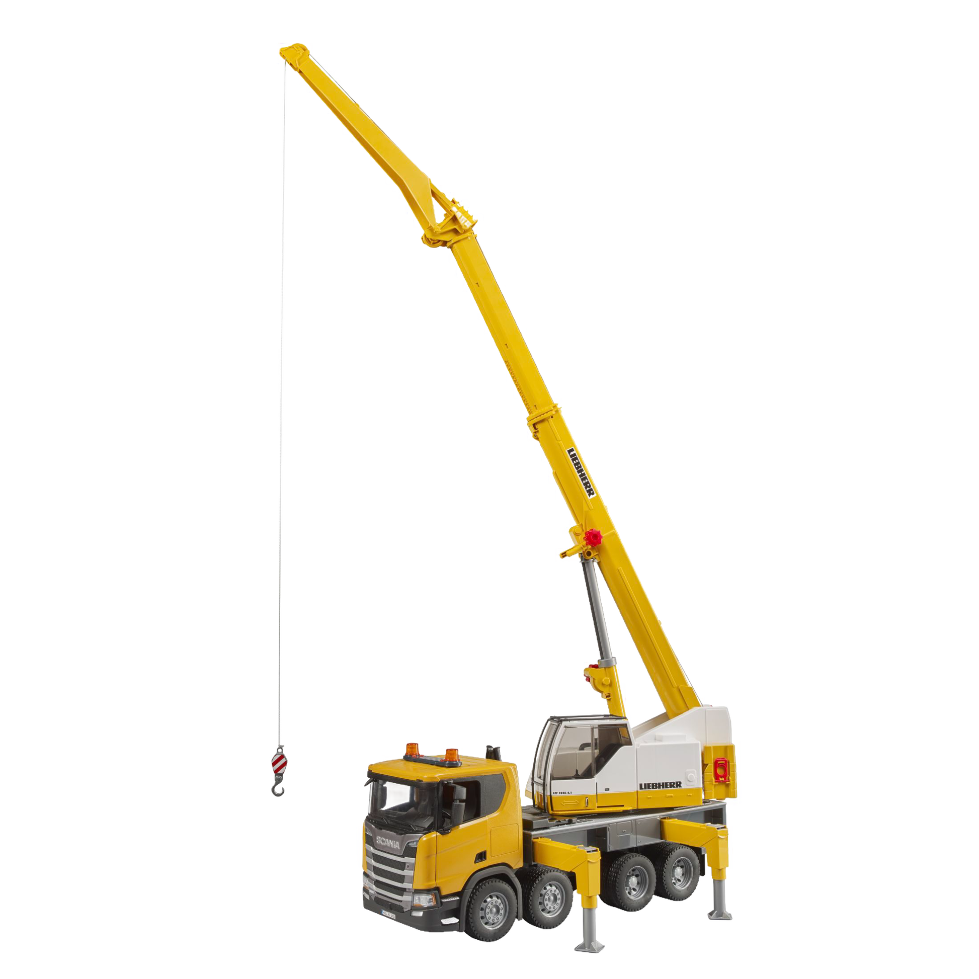 Yellow and white heavy-duty toy crane truck with extendable boom and stabilizers from Bruder Toys collection