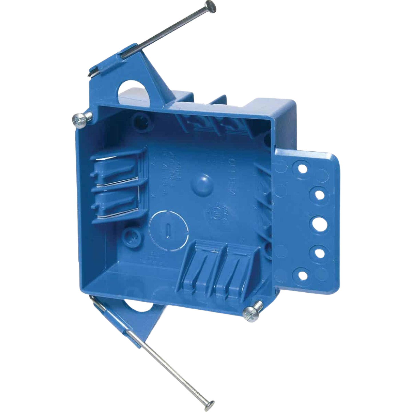 Blue PVC electrical nail-on junction box with integral clamps for wiring in electrical and plumbing applications