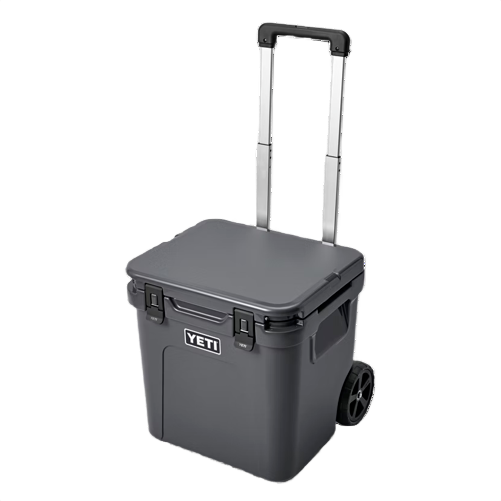Gray wheeled hard cooler with telescoping handle for portable food storage and organization collections