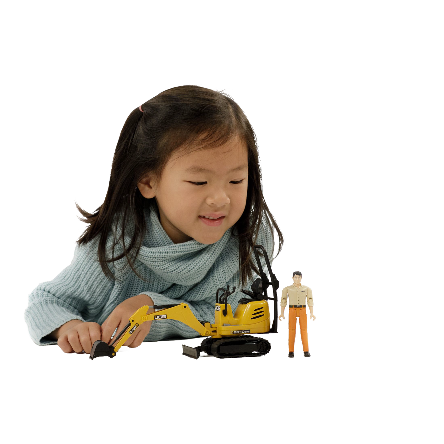 Child playing with yellow Bruder JCB C8010 CTS Micro Excavator toy and construction worker figure from Toys & Games collection