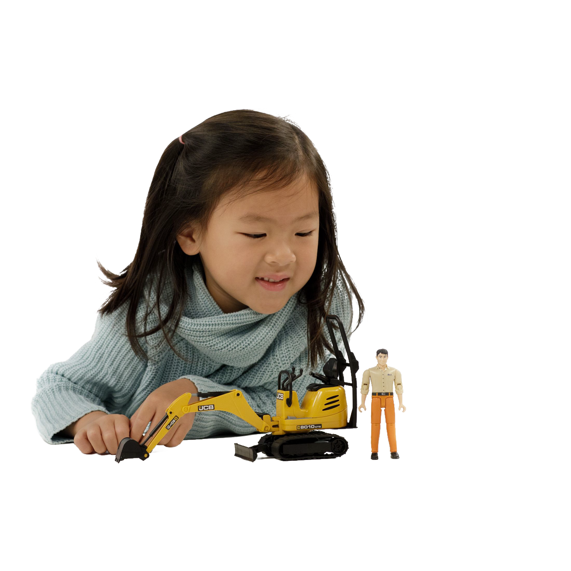 Child playing with yellow Bruder JCB C8010 CTS Micro Excavator toy and construction worker figure from Toys & Games collection