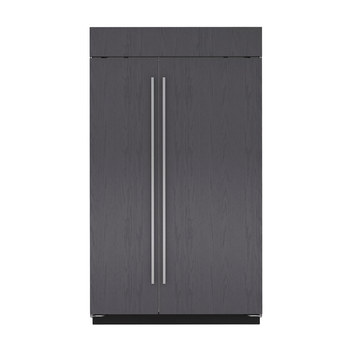 Built-in side-by-side refrigerator and freezer with wood panel finish and long vertical handles in kitchen appliances collection