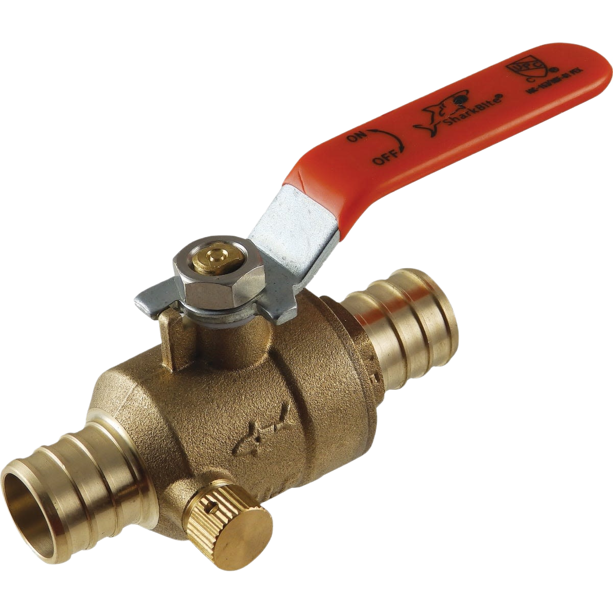 Brass ball valve with red handle and barb fittings for plumbing and water control in Pipes & Fittings collection