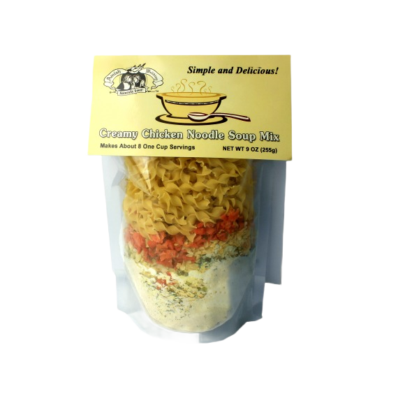 Clear pouch containing layered creamy chicken noodle soup ingredients in food and beverage collection under $25
