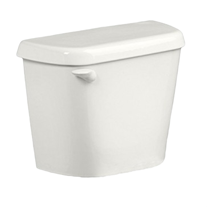 White ceramic toilet tank with lever handle, designed for bathroom plumbing and compatible with two-piece toilet systems.