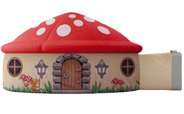 Inflatable mushroom-shaped playhouse with decorative door and windows for children's indoor fun and playtime activities
