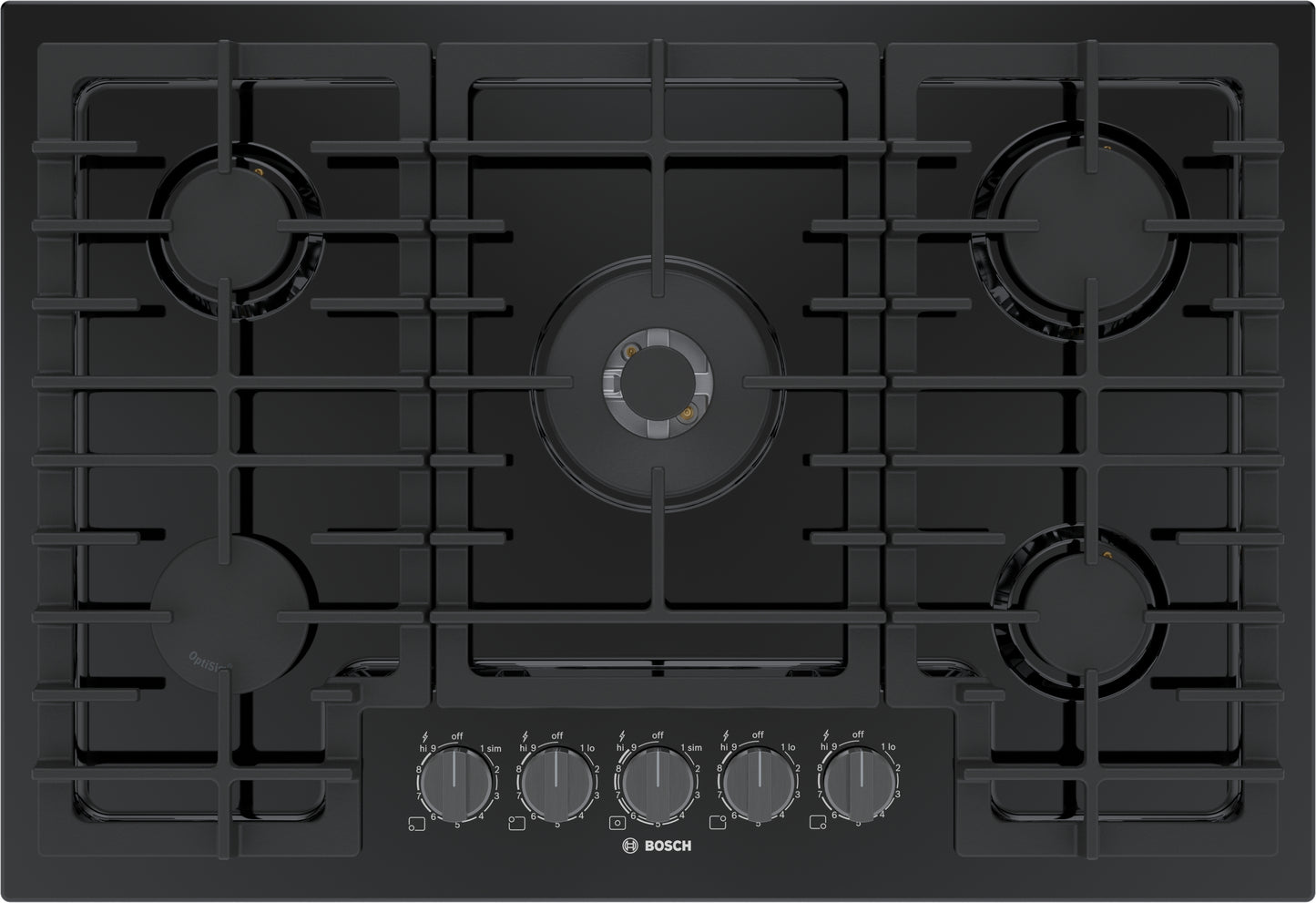 Black 30-inch gas cooktop with five burners and control knobs from Bosch kitchen appliances collection