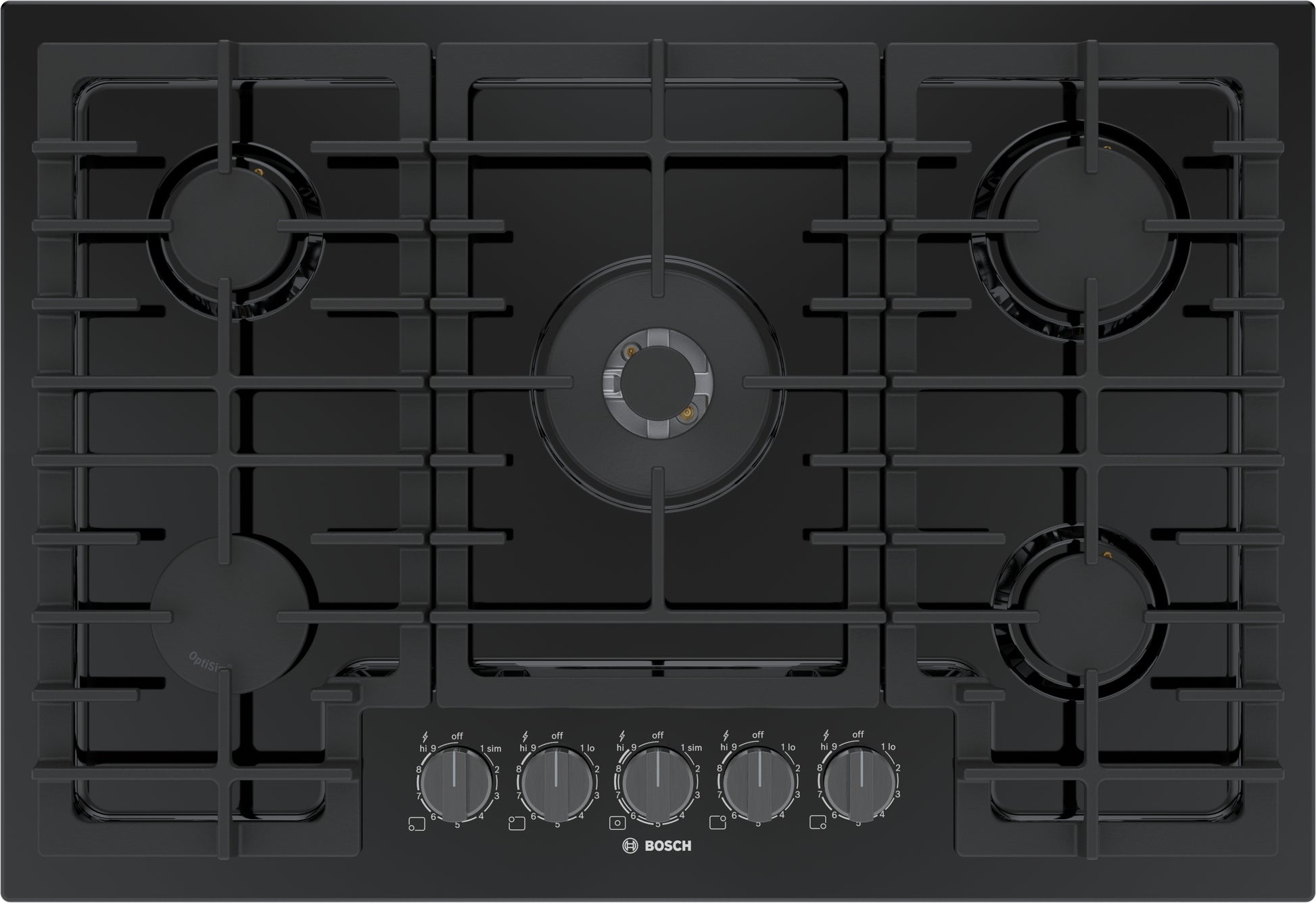 Black 30-inch gas cooktop with five burners and control knobs from Bosch kitchen appliances collection