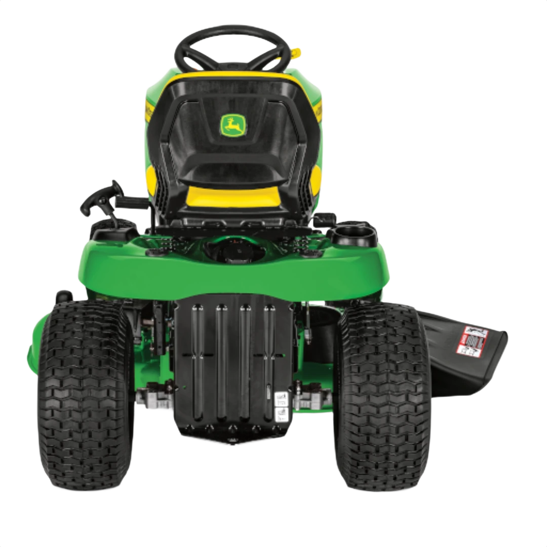 Rear view of green and yellow John Deere riding lawn tractor with wide rear tires for tools and home improvement tasks