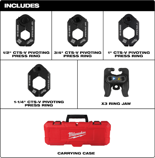 Set of black CTS-V pivoting press rings and ring jaws with a red carrying case for tools and home improvement tasks
