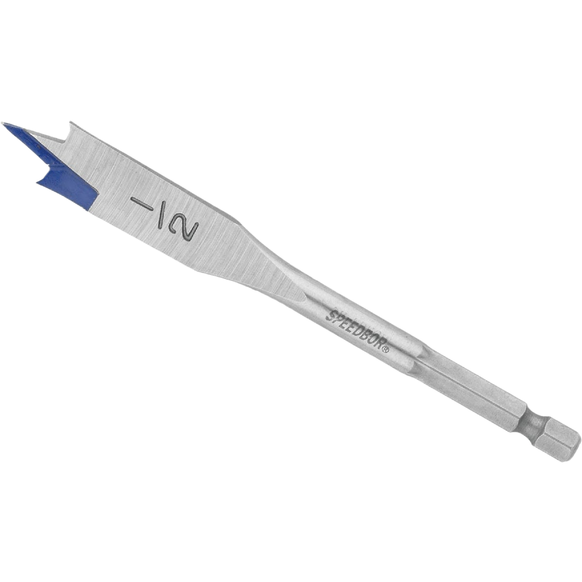 Steel spade drill bit with blue groove tip for faster chip removal in tool accessories and power tool collections