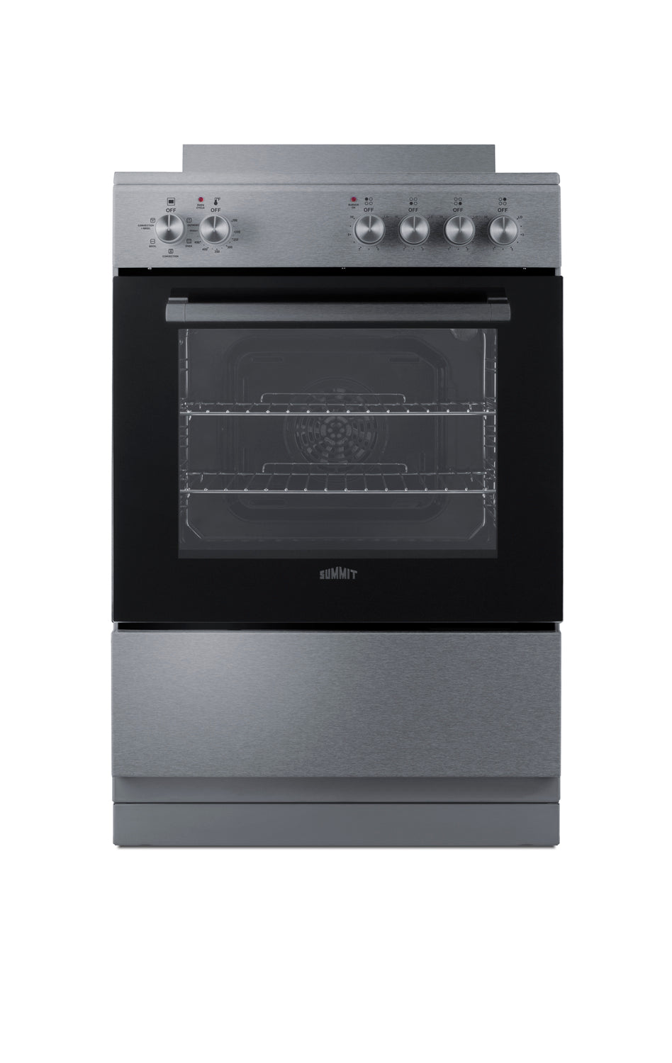 front view of stainless steel electric range with smooth cooktop and control knobs for kitchen appliances