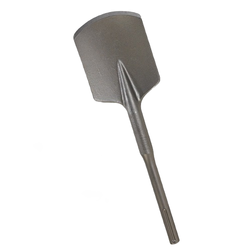 Heavy-duty steel clay spade tool with round hex/spline shank for drilling and chiseling in power tool accessories.
