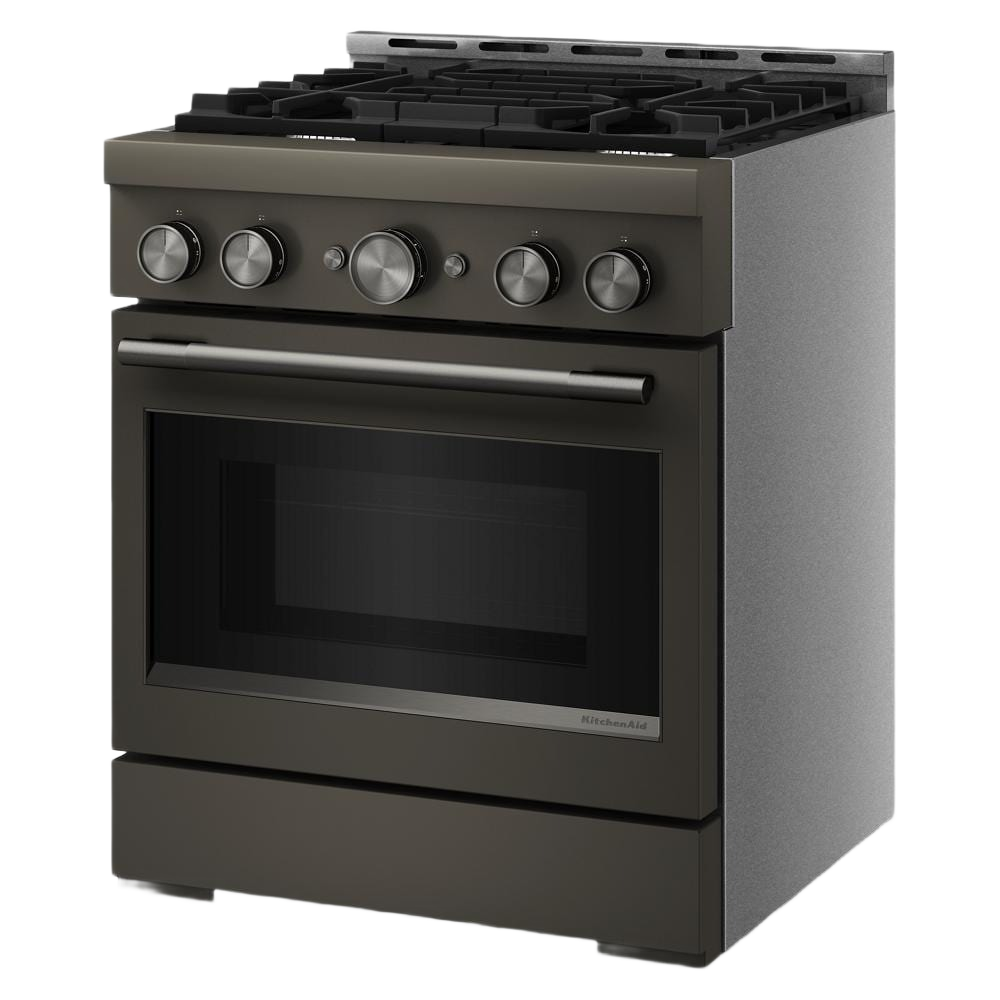 Matte graphite 30-inch commercial-style gas range with four burners, stainless steel knobs, and a large oven window, suitable for kitchen and appliance collections.