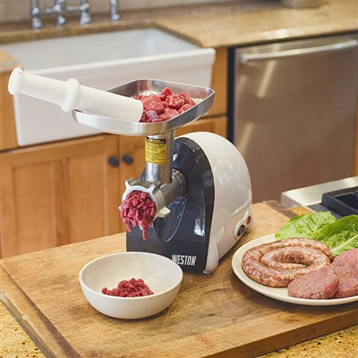 Electric meat grinder with sausage stuffer attachment in black and white for kitchen appliances under $100 collections