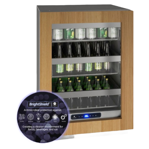 24-inch beverage refrigerator with wood frame door and antimicrobial BrightShield protection in kitchen appliances collection