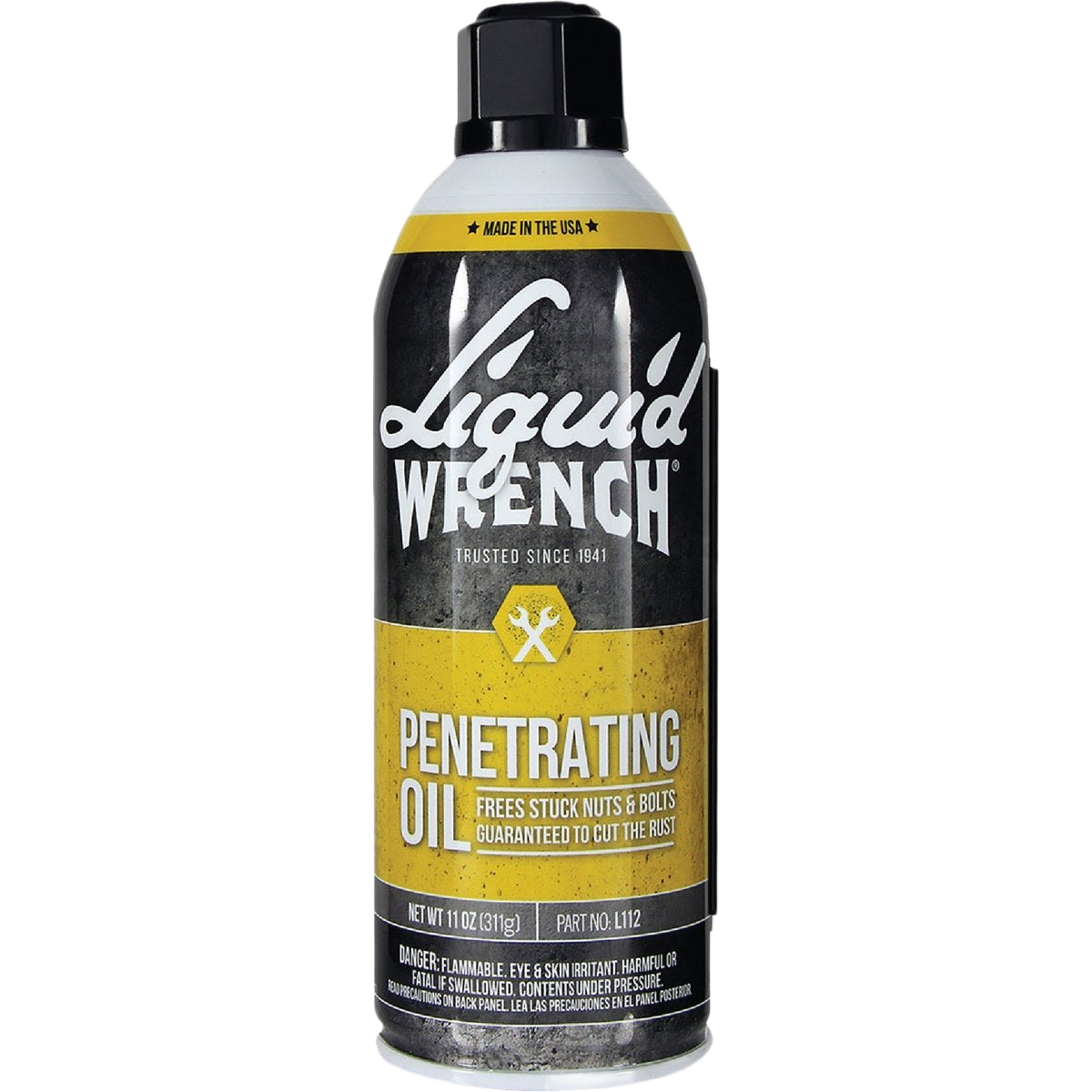 Black and yellow aerosol can of penetrating oil for loosening rusted nuts and bolts in tools and home improvement tasks