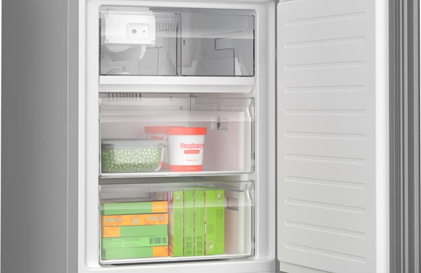 800 Series, Free-standing fridge-freezer with freezer at bottom, glass door, 24'', White, Total No Frost