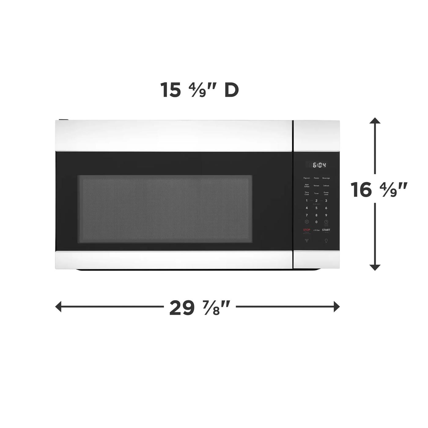 Front view of a stainless steel over-the-range microwave with digital control panel and dimensions shown