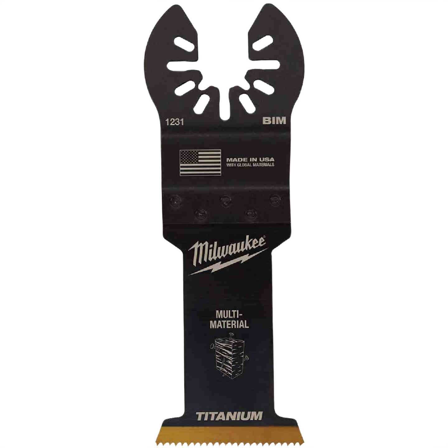 Milwaukee bi-metal multi-material saw blade with titanium coating, part of woodworking and power tool accessories.