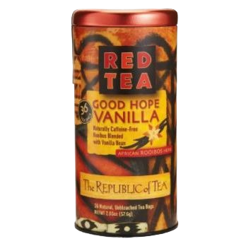 Cylindrical red tin of Good Hope Vanilla rooibos tea with 36 natural, unbleached bags in food & beverage collection under $50