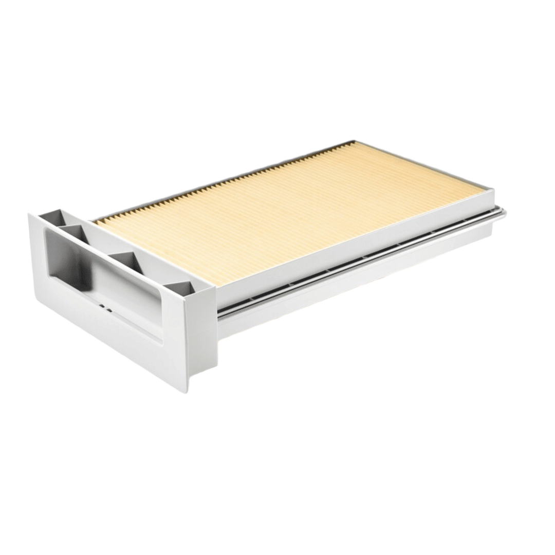 Rectangular HEPA air filter cartridge with gray plastic frame for dust collection and woodworking tools