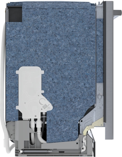 Internal side view of a 24-inch dishwasher with soundproofing insulation and plumbing components visible inside the unit