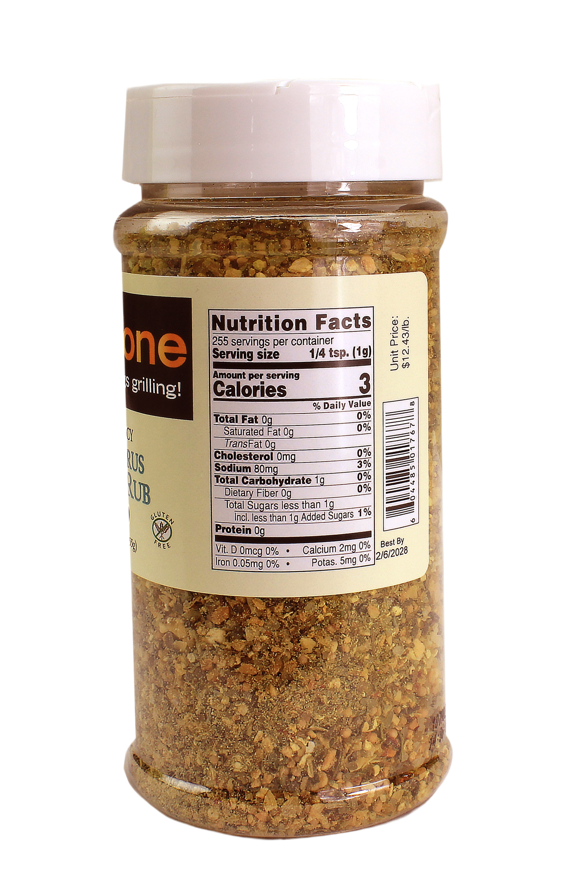 Clear plastic jar of Sweet & Spicy Zesty Citrus Seafood Rub with white lid in grilling sauces and spices collection