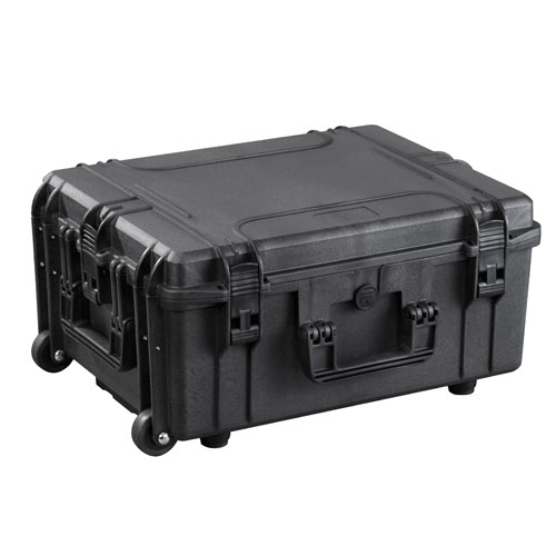 Black hard case with wheels, secure latches, and handle for efficient tool storage and workshop organization solutions