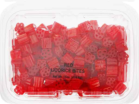 Clear plastic container filled with bite-sized red licorice candy from a chocolates and candies collection under $50