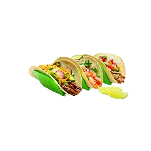 Green BPA-free plastic and stainless steel taco holder supporting three tacos with various fillings in kitchen gadgets collection
