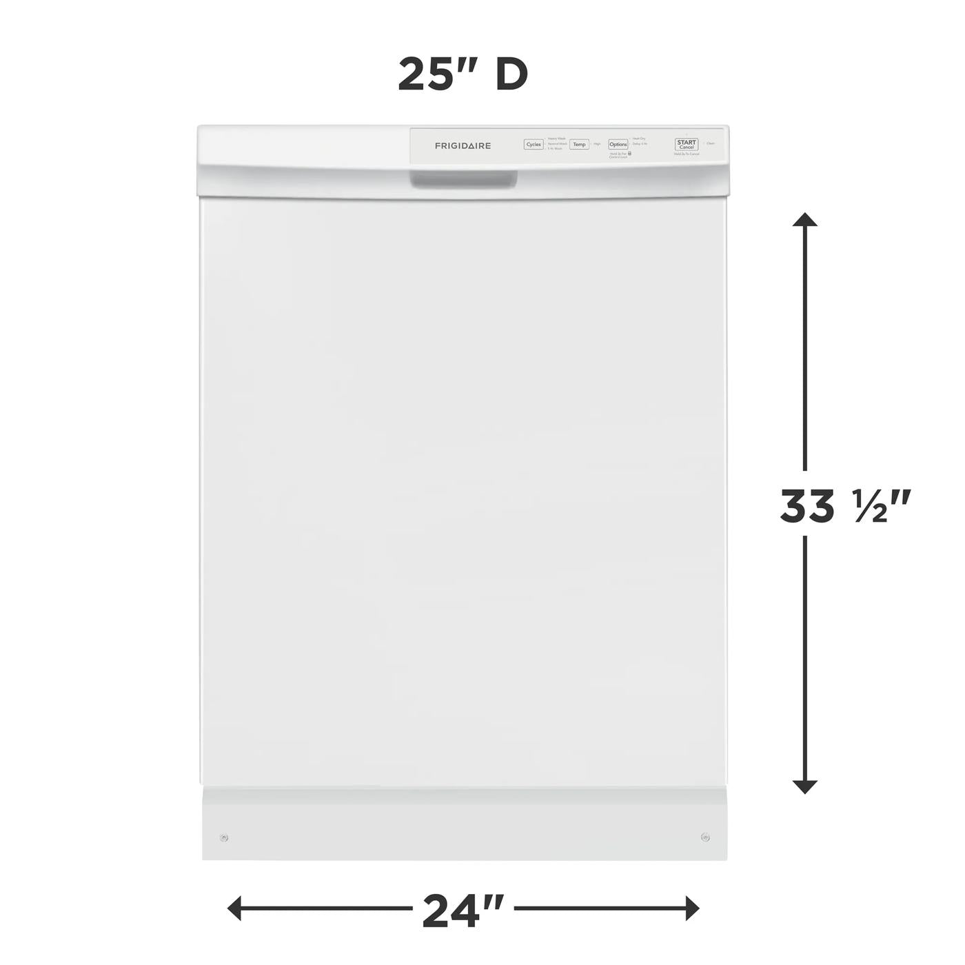 White built-in dishwasher with control panel and dimension markings for kitchen appliances and home improvement collections