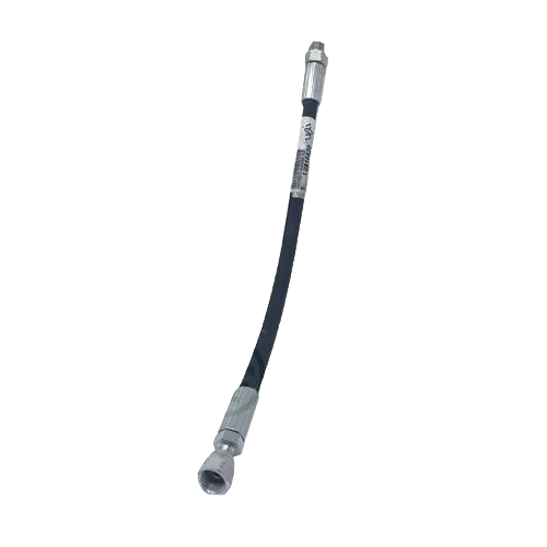 Flexible black hydraulic hose with metal fittings on both ends for steering system repair and maintenance