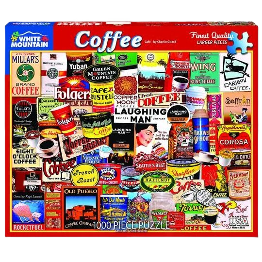 Collage of vintage coffee brand logos and packaging featured on a 1000-piece puzzle box by White Mountain Puzzles