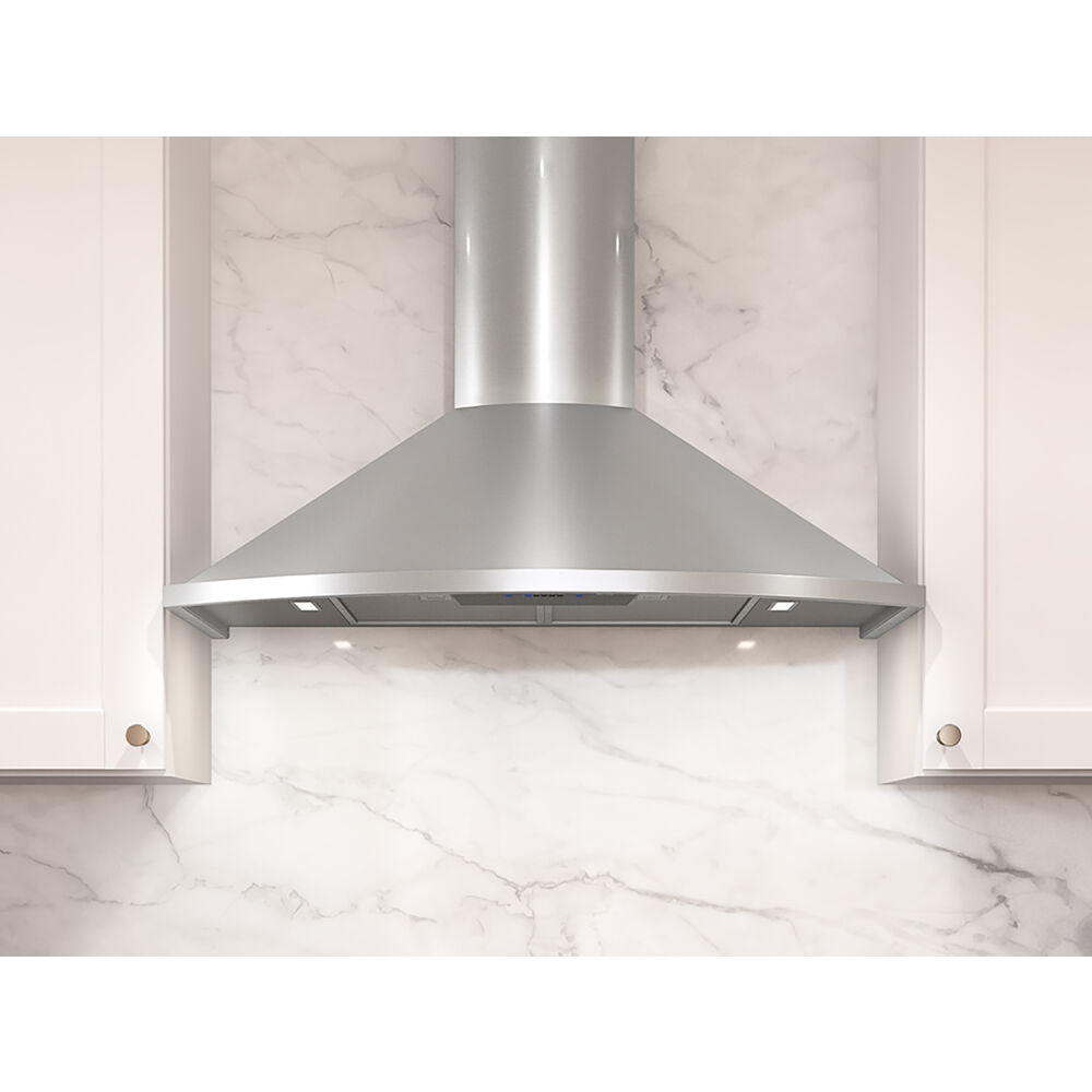 Stainless steel wall mounted range hood with LED lights installed in modern kitchen setting from Kitchen & Kitchenware collection