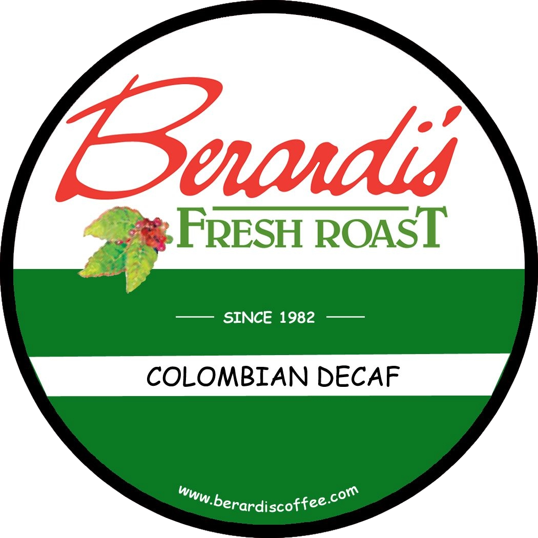 Circular green and white coffee pod lid with "Berardi's Fresh Roast" and "Colombian Decaf" text and coffee plant illustration