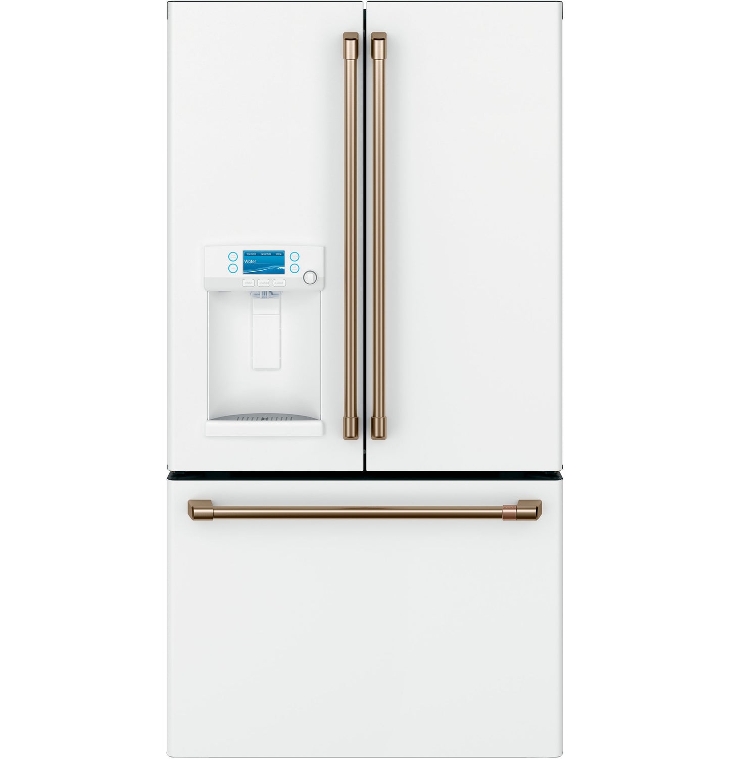 White smart French-door refrigerator with bronze handles and external water dispenser in kitchen appliances collection