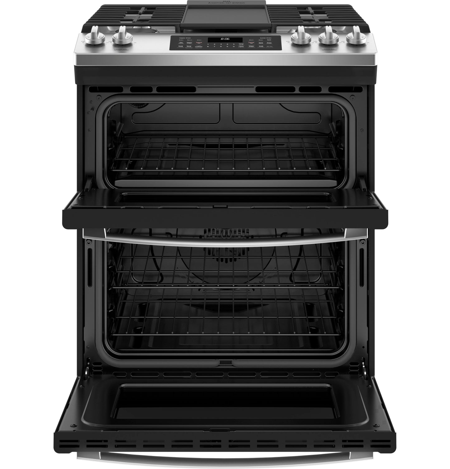 Front view of a black double oven gas range with slide-in design and open oven doors from kitchen appliances collection