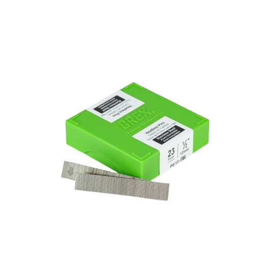 Green plastic case containing 23 gauge 1/2 inch stainless steel headless pins for home improvement tools use