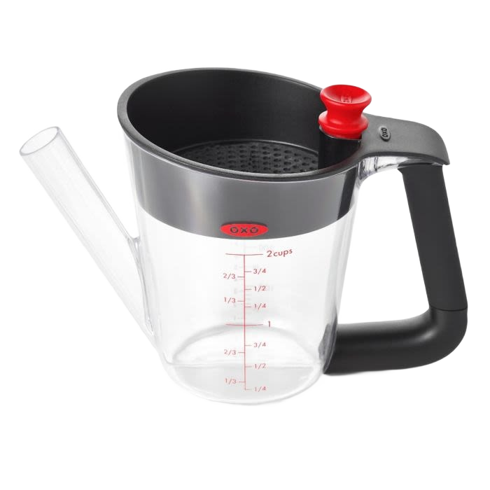 Clear fat separator with black handle, red stopper, and measurement markings for kitchenware and gadgets collections