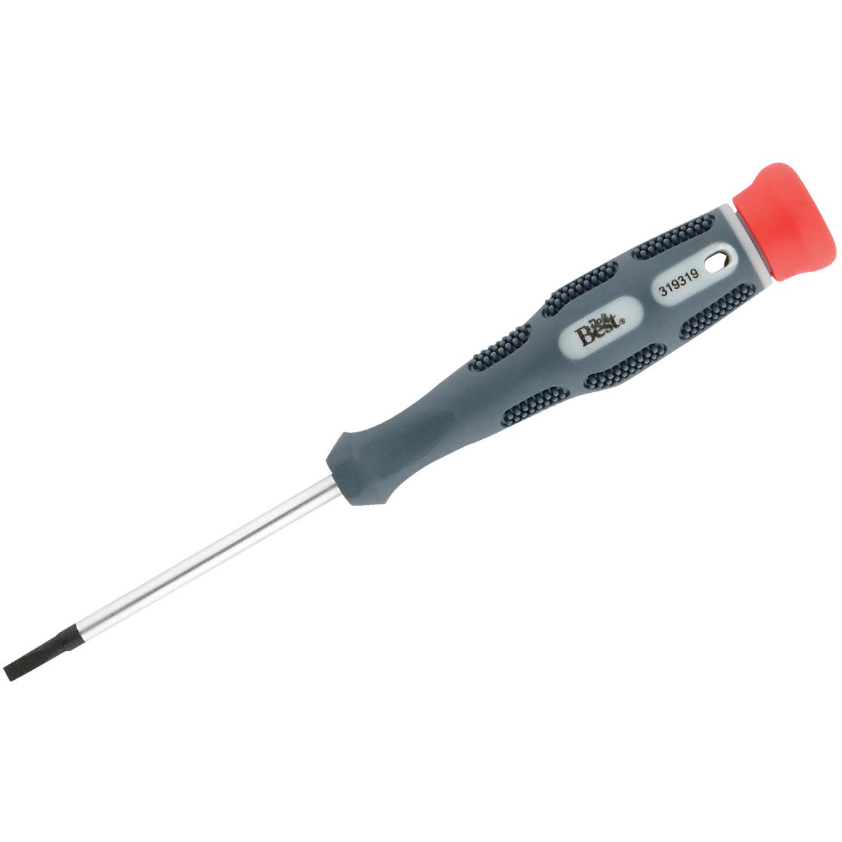 Precision slotted screwdriver with textured gray handle and red end cap for detailed home improvement tasks