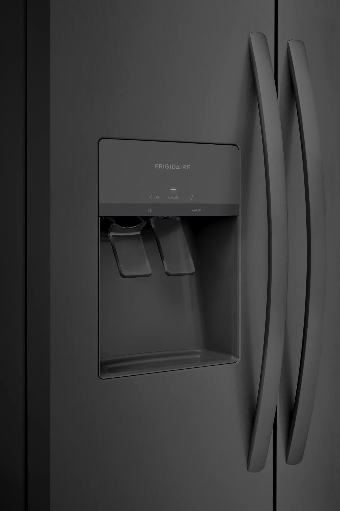 Matte black side-by-side refrigerator with external water and ice dispenser from kitchen appliances collection