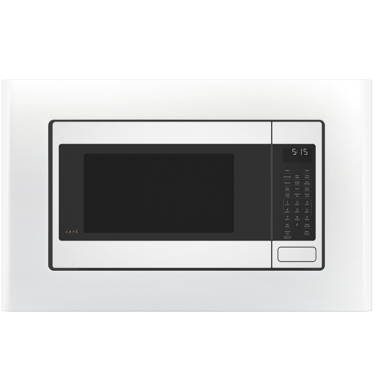White built-in trim kit framing a black window microwave with digital control panel in kitchen appliances collection