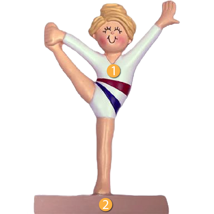 Blonde female gymnast figurine ornament in white leotard with red and blue stripes for Christmas tree decoration under $50
