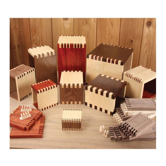 Variety of handcrafted wooden boxes and joints showcasing precision box and finger joinery for woodworking tool accessories collections