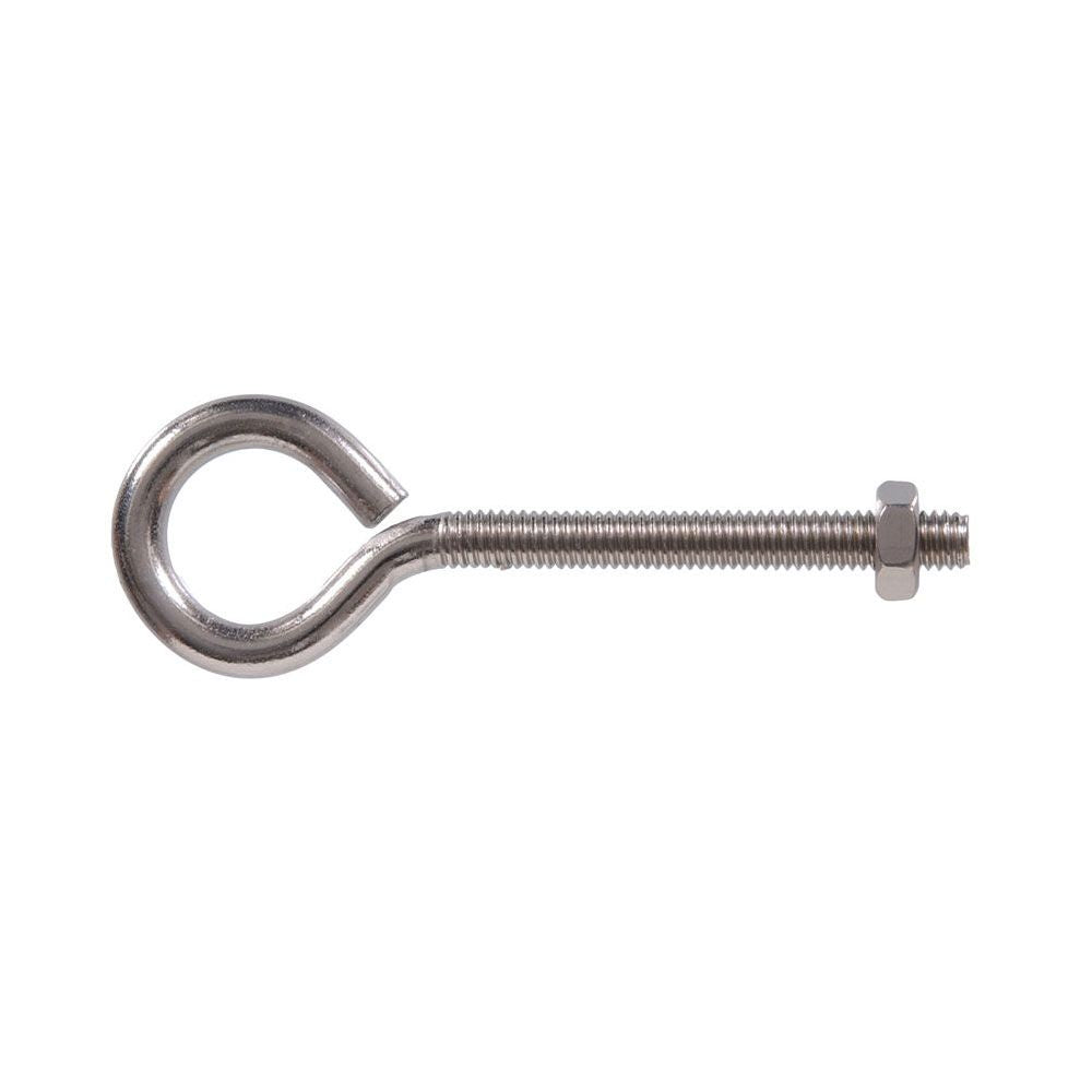 Stainless steel eye bolt with attached hexagonal lock nut for secure fastening in hardware and fasteners collections