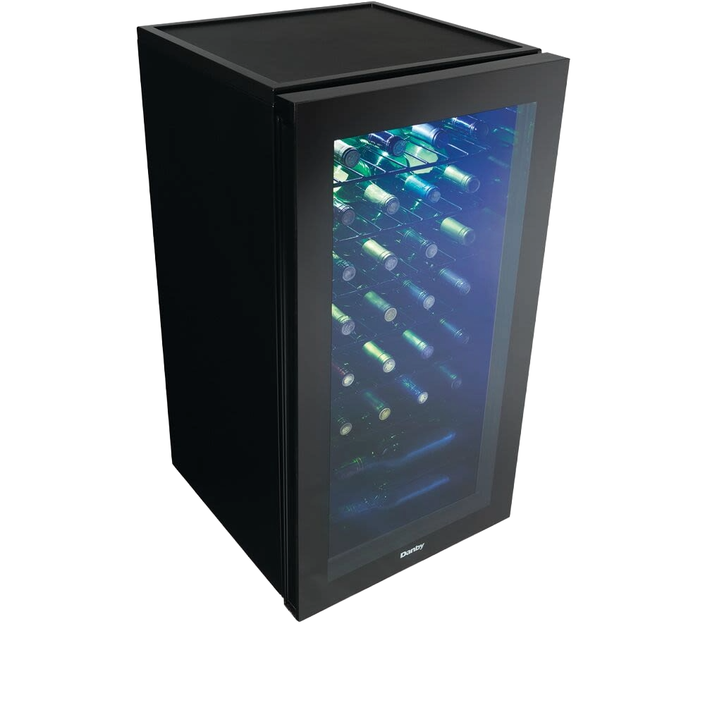 Free-standing black wine cooler with glass door, interior blue LED lights, and wire racks storing multiple bottles